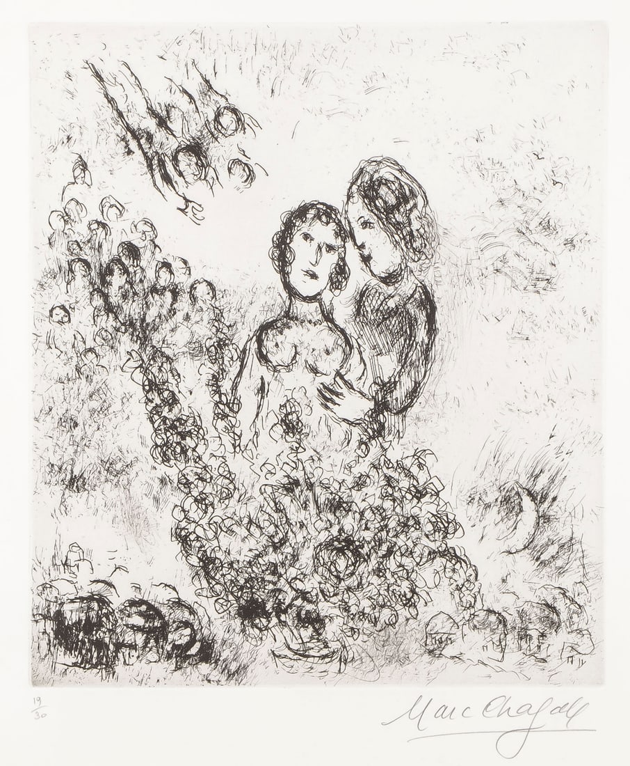 ORIGINAL SIGNED CHAGALL ETCHING, C. 1980: MARC CHAGALL (French 1887-1985)Couple et Anges -1980Etching on paperSigned in pencil lower right and editioned lower 19/30Image size 12.4 inches x 10.7 inches (31.5 x 27cm), overall in an attractive