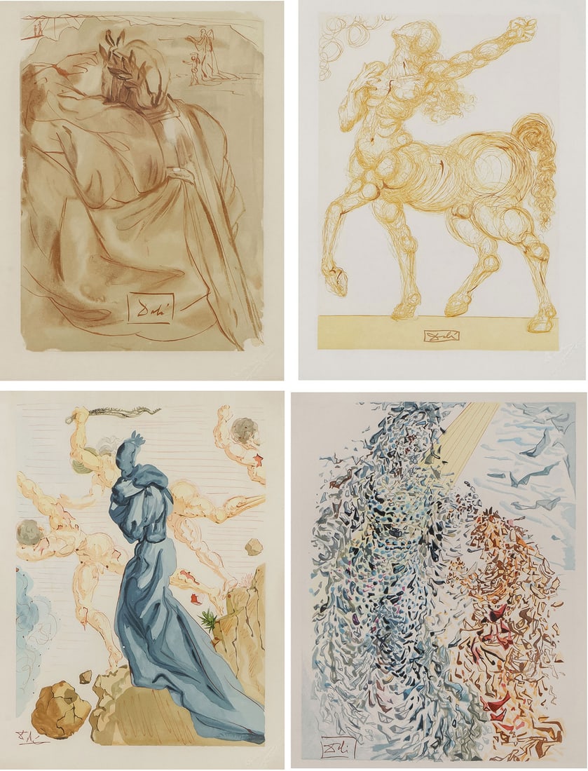GROUP OF 4 FRAMED DALI PRINTS: GROUP OF 4 FRAMED DALI PRINTS. Salvador Dali (Spanish 1904-1989) Comprising a group of four framed color prints from The Divine Comedy. Including, The Desert of Souls, with embossed signature and sign