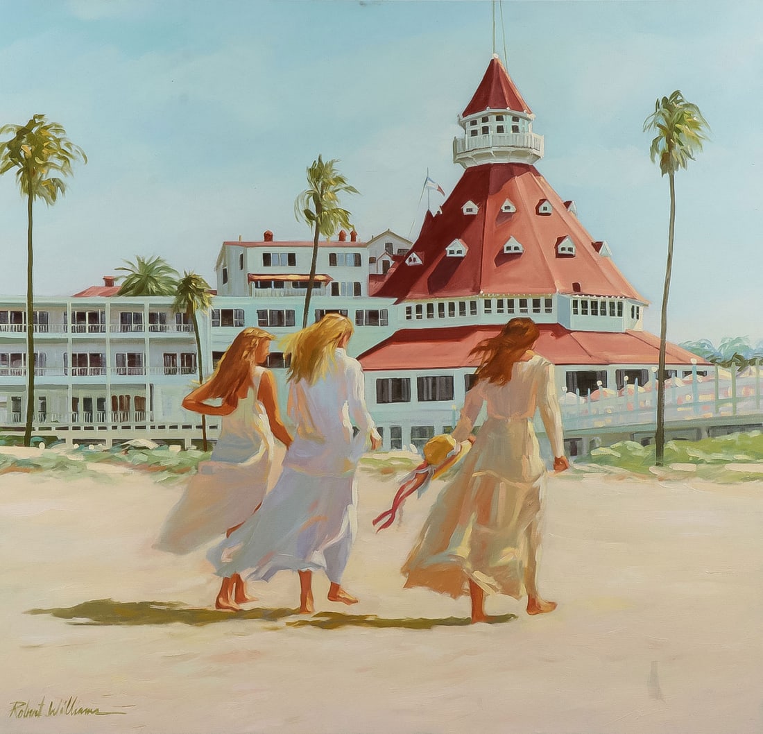 ORIGINAL ROBERT WILLIAMS OIL PAINTING: ROBERT WILLIAMS (American 1944-)Afternoon at the Del Cornado -1995Oil on canvasSigned lower left and signed, titled, and dated on verso 38 inches x 40 inches, unframedSHIPPING NO