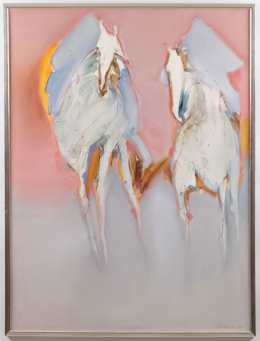 ORIGINAL JEAN RICHARDSON PAINTING: JEAN RICHARDSON (American 1940-)Morning Dreams Acrylic and plaster on canvasSigned lower right and titled on verso on stretcher48 inches x 36 inches, overall including frame 49.25 inches x 37.25 inc