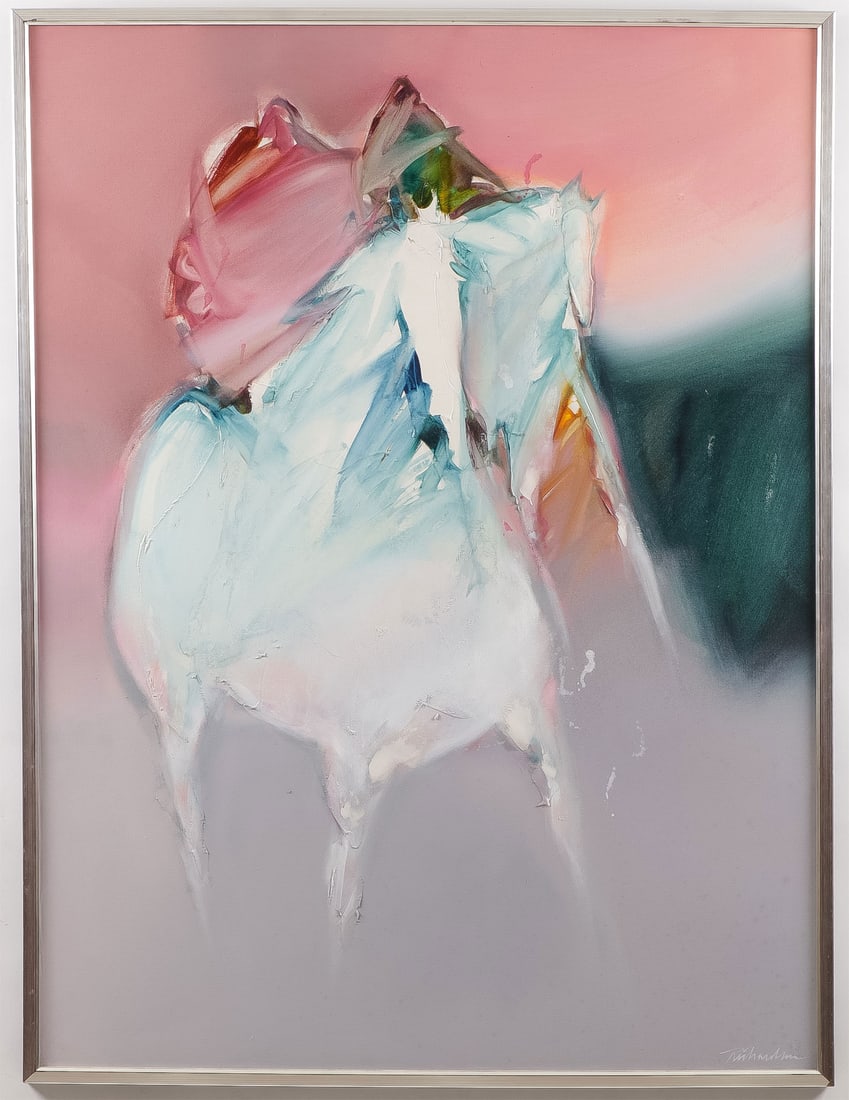 ORIGINAL JEAN RICHARDSON PAINTING: JEAN RICHARDSON (American 1940-)Morning Mystery Acrylic and plaster on canvasSigned lower right and titled on verso on stretcher48 inches x 36 inches, overall including frame 49.5 inches x 37.25 inc