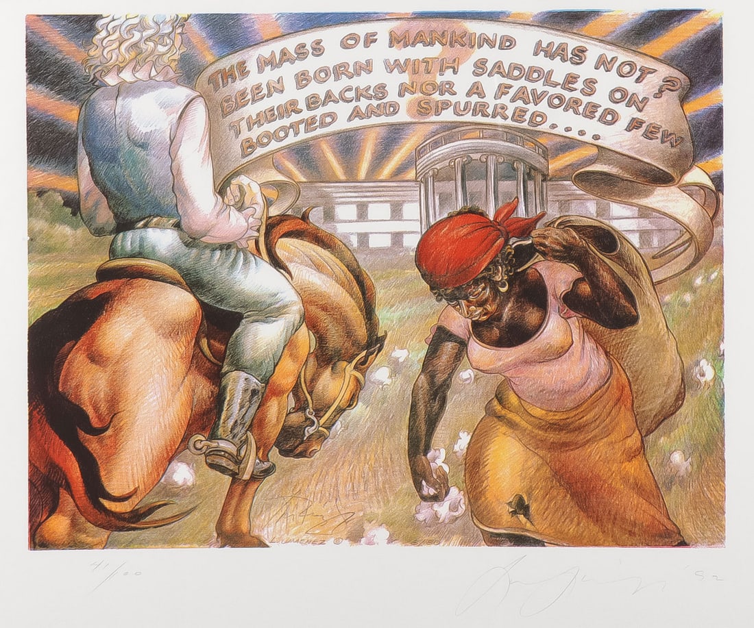 SIGNED LUIS JIMENEZ COLOR LITHOGRAPH, 1992: LUIS JIMENEZ (Mexican/American 1940-2006)The Mass of Mankind -1992Color lithograph Pencil signed, dated, and editioned 41/100 lowerSheet size 15.25 inches x 19.75 inches, overall including glazed fr