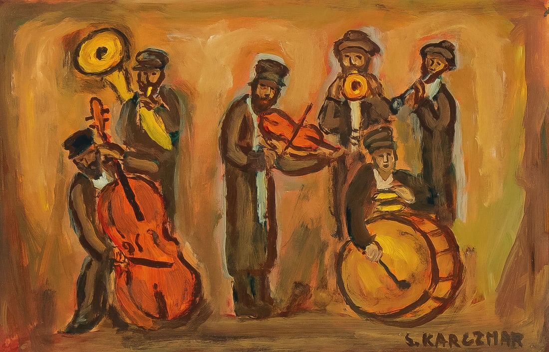 SIGNED JEWISH POLISH PAINTING: SIMON NATAN KARCZMAR (Polish/Israeli 1903-1982)Jewish Musicians Oil on cardSigned lower right8.25 inches x 12.75 inches (29.96 x 32.39cm), overall including frame 16 inches x 20 inches (40.64 x 50.