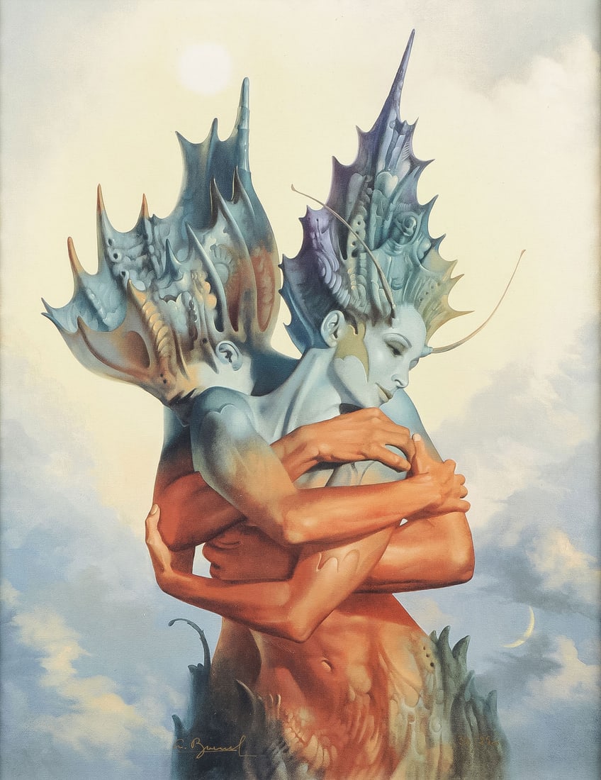 LARGE SIGNED GIL BRUVEL GICLEE: GIL BRUVEL (French b. 1959)The Embrace Giclee on canvasSigned lower margin24 inches x 18.5 inches (60.96 x 47cm), overall including frame 29 inches x 23.75 inches (73.66 x 60.33cm)