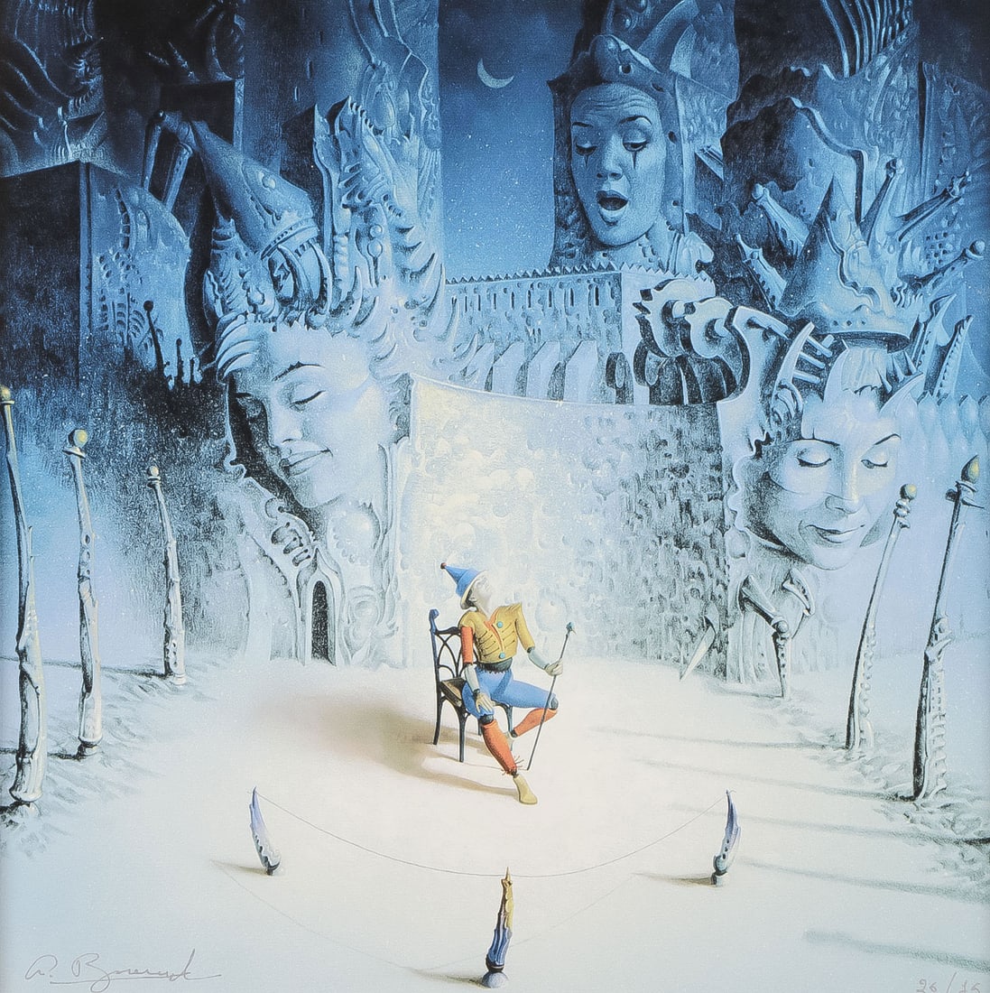 SIGNED GIL BRUVEL ON CANVAS: GIL BRUVEL (French b. 1959)The Song Giclee on canvasSigned lower left, and editioned 26/75 lower right, signed on verso19.25 inches x 19.25 inches (48.90 x 48.90cm), overall including frame 31 inche