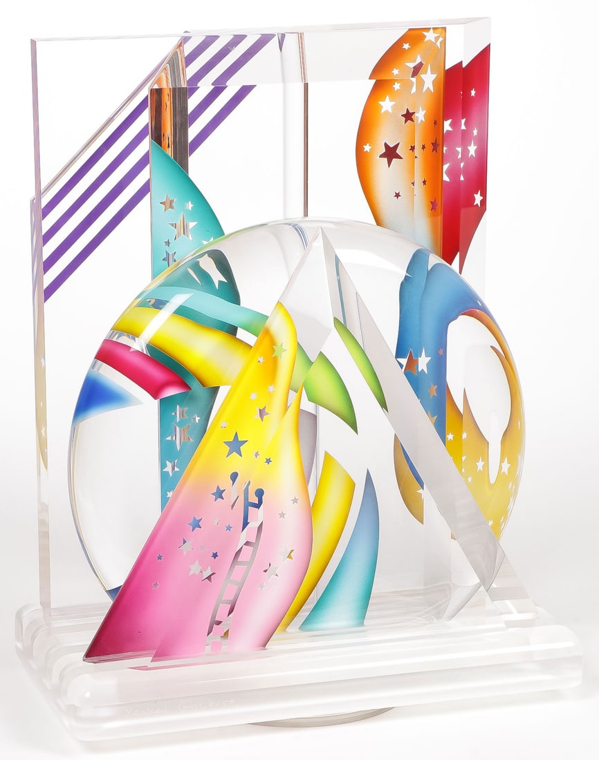 YANKEL GINZBURG MODERNIST SCULPTURE: YANKEL GINZBURG (Russian b.1945) Stars always Stars Acrylic sculpture with color Signed and titled "Stars always Stars" on rotating base Length 13 inches, width 7 inches, height 16.25 inches