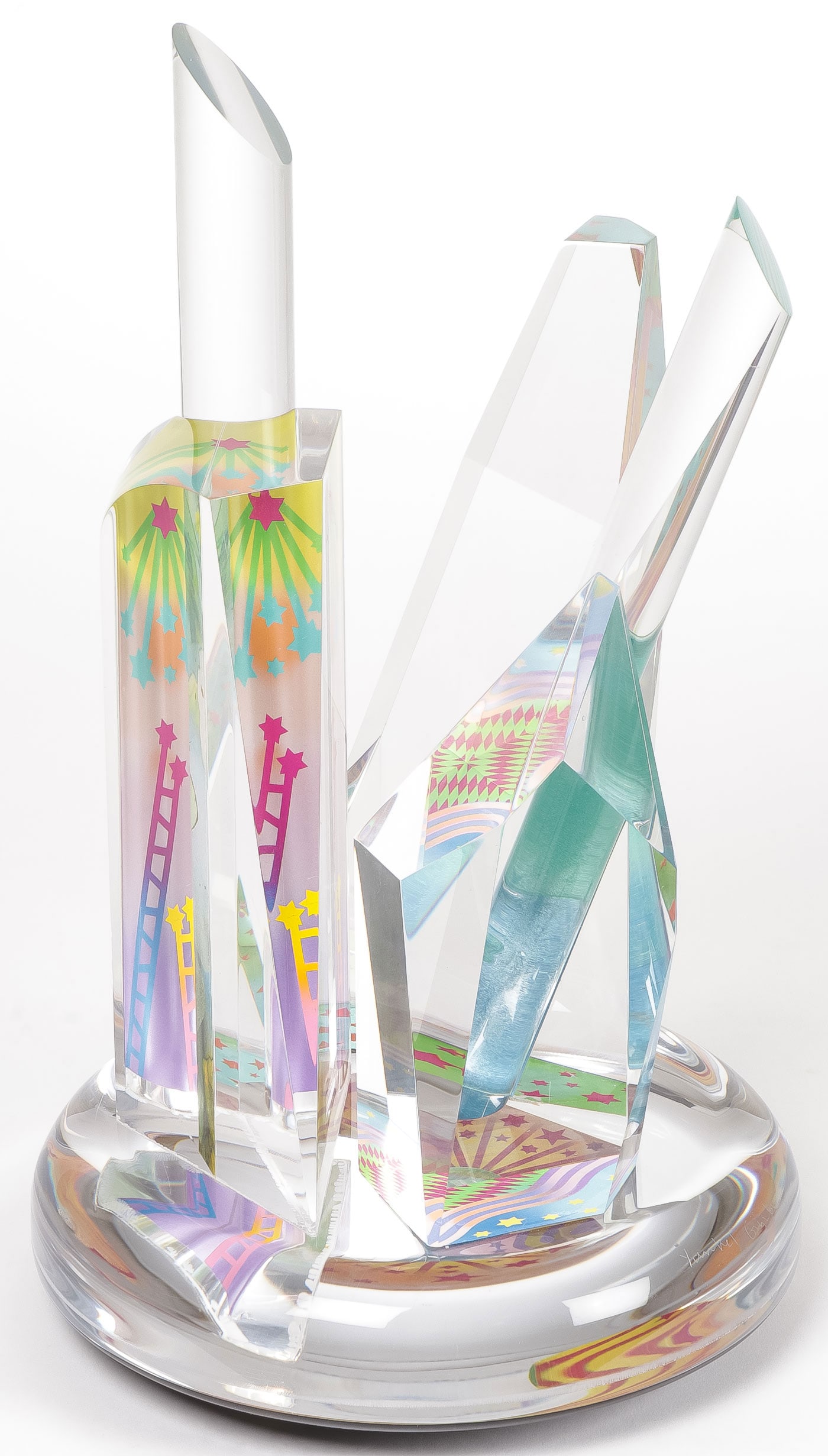 Y. GINZBURG MODERNIST ACRYLIC SCULPTURE: YANKEL GINZBURG (Russian b.1945) Prism Acrylic and color Signed on base Diameter 8.5 inches, height including rotating base 14 inches Provenance: The lifetime collecti