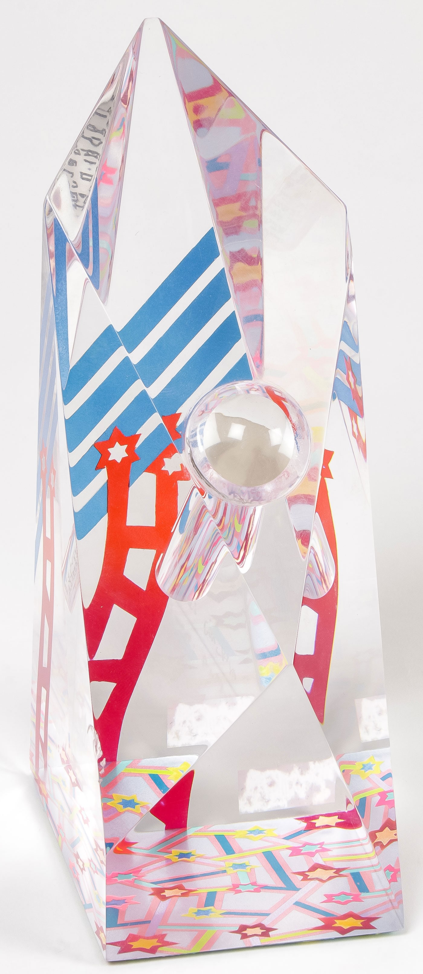 Y. GINZBURG MODERNIST ACRYLIC SCULPTURE: YANKEL GINZBURG (Russian b.1945) Stars and Ladders Acrylic and polychrome Signed on right side of base Length 4 inches, width 3 inches, height 8.25 inches Provenance: