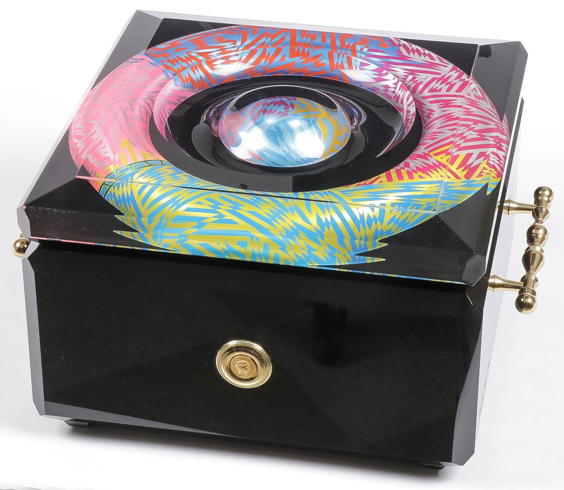 UNIQUE YANKEL GINZBURG MUSIC BOX: YANKEL GINZBURG (Russian b.1945) Music Box Acrylic and metal Signed on right side of base and plays "Crazy," written by Willie NelsonLength including handles 14 inches, width 12 inches, height 7.75 i