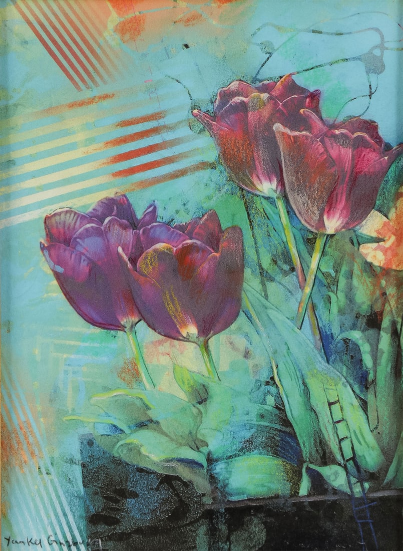 ORIGINAL YANKEL GINZBURG PAINTING: YANKEL GINZBURG (Russian b.1945) Study for Crimson Tulips Acrylic and pastel on woodSigned lower left, with Lahaina Galleries label on verso11 inches x 8 inches (27.94 x 20.32cm), overall including f