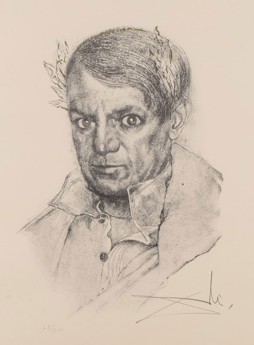 SALVADOR DALI PICASSO PRINT: After SALVADOR DALI (Spanish 1904-1989) Portrait of Pablo Picasso - c. 1970 Lithograph on paper Signed in plate and numbered 29/200 lower left 21 inches x 15.5 inches (53.34 x 39.37cm), overall includ