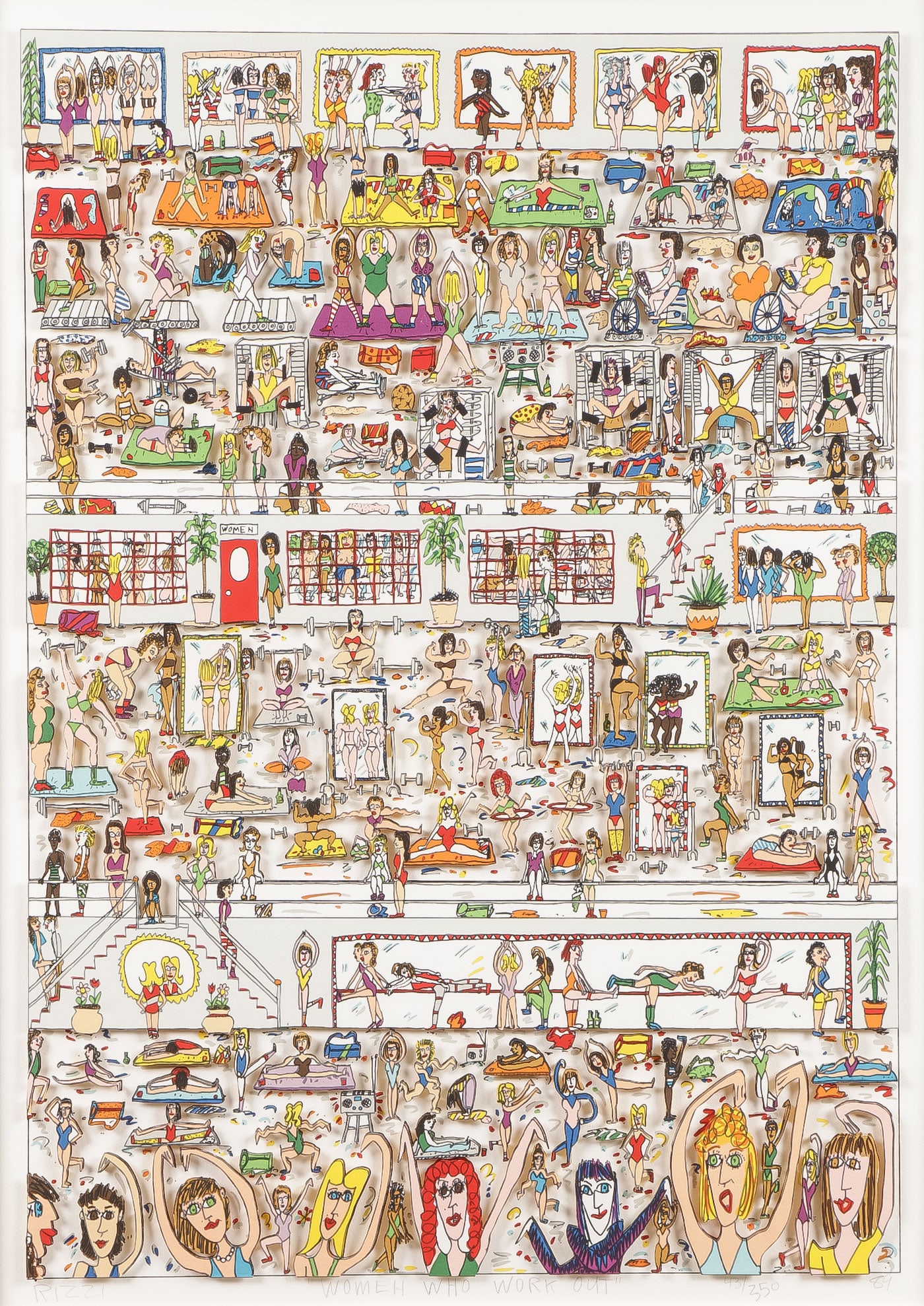ORIGINAL SIGNED JAMES RIZZI 3-D: JAMES RIZZI (American 1950-2011) Women Who Workout -1989 three-dimensional lithograph in colors Signed, titled, dated, and editioned 43/350 lower margin 21 inches x 14.86 inches, overall including qua