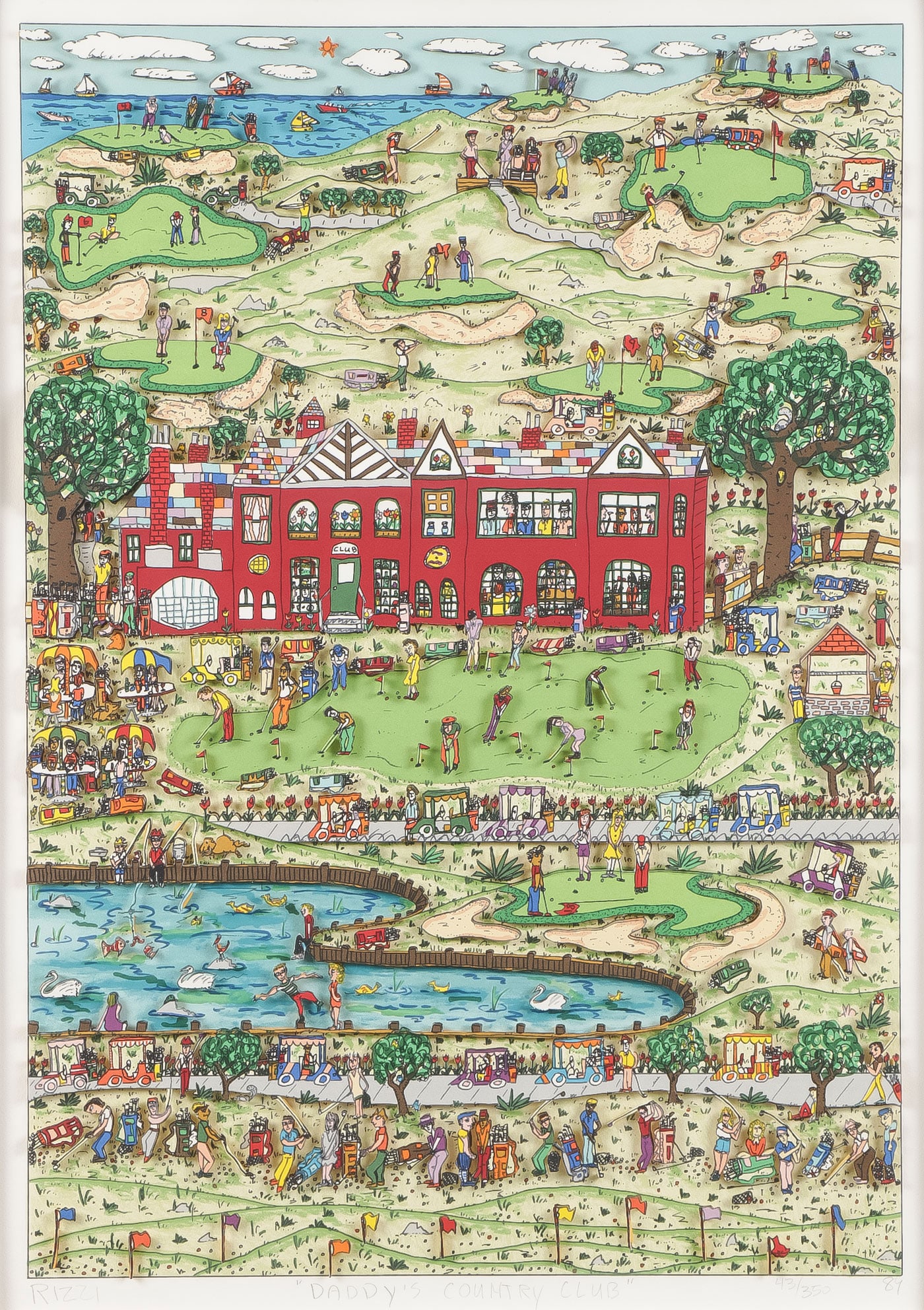 ORIGINAL SIGNED JAMES RIZZI 3-D: JAMES RIZZI (American 1950-2011) Daddy's Country Club -1989 three-dimensional lithograph in colors Signed, titled, dated, and editioned 43/350 lower margin 21 inches x 15 inches, overall including qua