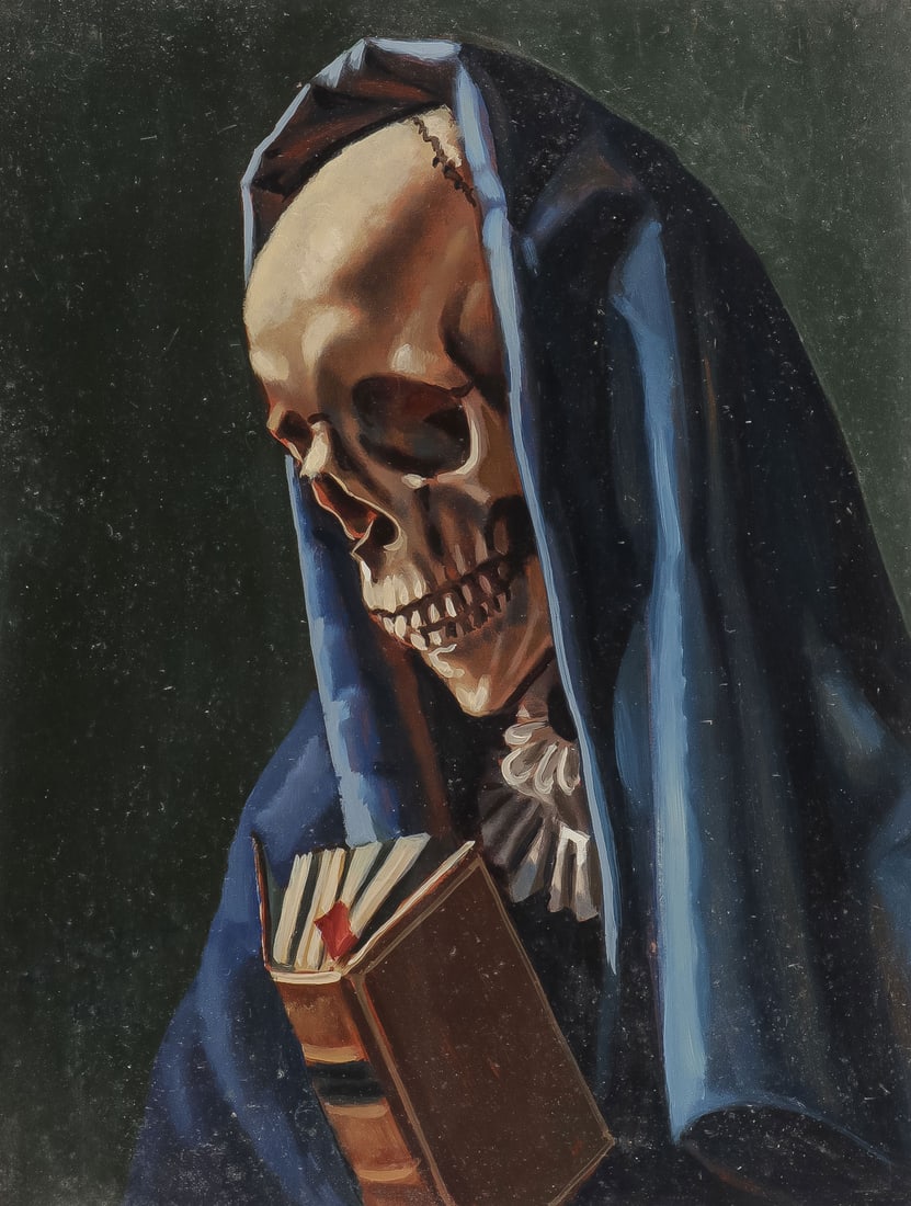 JACK HARTERT MEMENTO MORI: JACK J. HARTERT (American 1922 -1975)Memento Mori of Skeleton Reading Book - c. 1972Oil on boardSigned and dated lower left16 inches x 12 inches, unframedSHIPPING NOTICE: