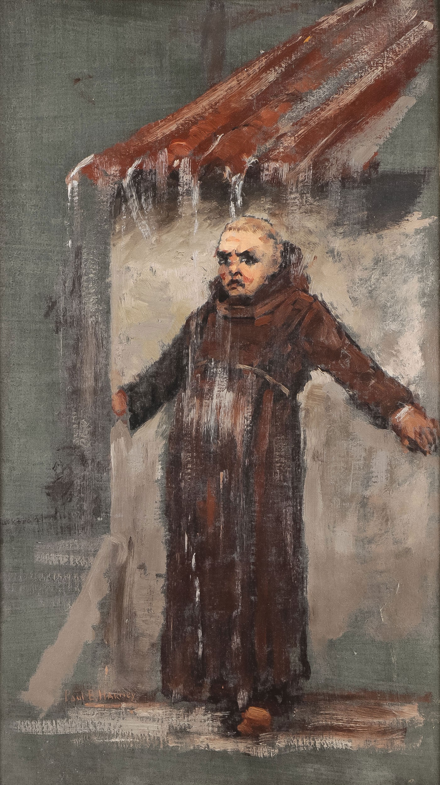 SIGNED PAINTING OF MONK: Follower of PAUL E. HARNEY (American 1850-1915) Monk Beneath Drenching Awning Oil on Board Bears signature lower left Paul E Harney 24 inches x 14 inches, overall including frame 27 inches x 16.5 inch