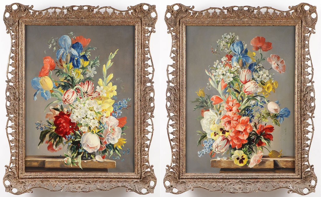 PR SIGNED DUTCH FLORAL STILL LIFES: PR SIGNED DUTCH FLORAL STILL LIFES. Comprising a pair of finely painted oil on canvas Dutch style still lifes by British artist Richard Hanson (b. 1910). One signed lower left, the other signed lower 