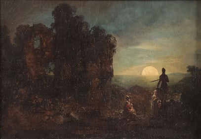 INTERESTING 19TH C. PAINTING WITH KNIGHT & MAIDEN