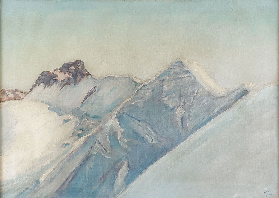 INTERESTING SIGNED ALPINE SCENE, 1937: CONTINENTAL SCHOOL? (20th Century)Glacier or Mountain Landscape -1937Oil on canvasIndistinguishably monogramed and dated 1937 lower right20 inches x 28 inches (50.17 x 70.49cm), overall including fr