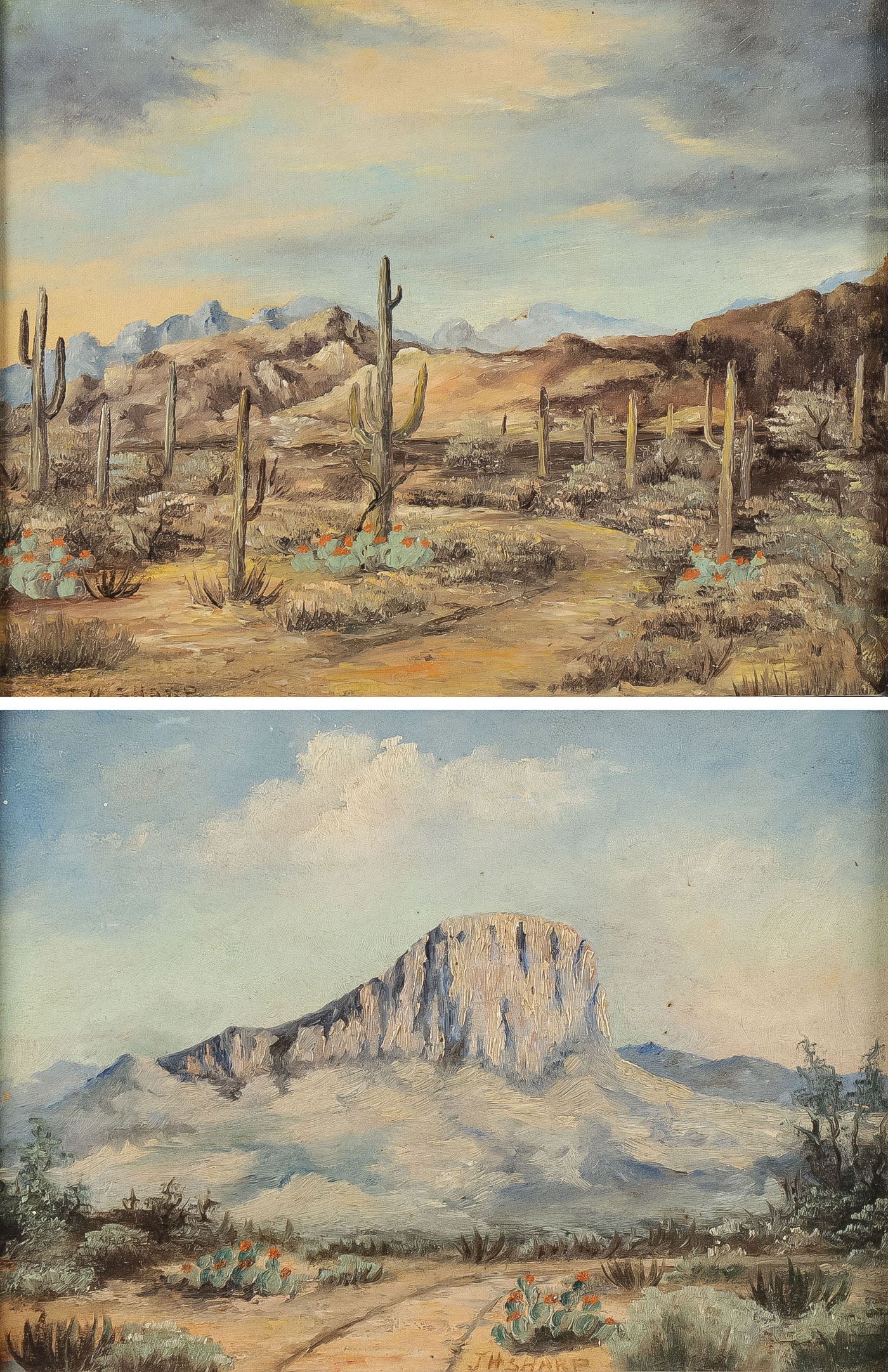 A PAIR OF SOUTHWEST PAINTINGS: A PAIR OF SOUTHWEST PAINTINGS. Comprising a pair of oil on canvas paintings, circle of Joseph Henry Sharp (American 1859-1953). Including one depicting cactus and another, as shown, both bear the sign