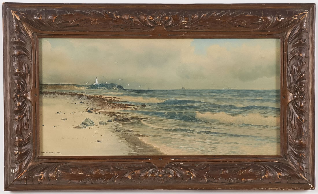 SIGNED RHODE ISLAND PAINTING, C. 1890: GEORGE HOWELL GAY (American 1858-1913) Napa Tree Point, Rhode Island Coast Watercolor Signed lower left and inscribed on verso with title 10 inches x 20 inches, overall including carved gilt wood fram