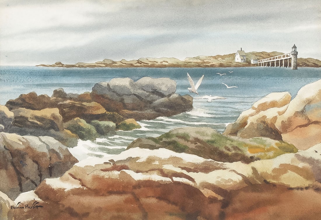 SIGNED MAINE SEASCAPE PAINTING: NORMAN MERRITT (American 20th c.)Maine Coastal Scene with Lighthouse WatercolorSigned lower left8.75 inches x 13 inches, overall including frame15 inches x 19 inchesProvenance: </