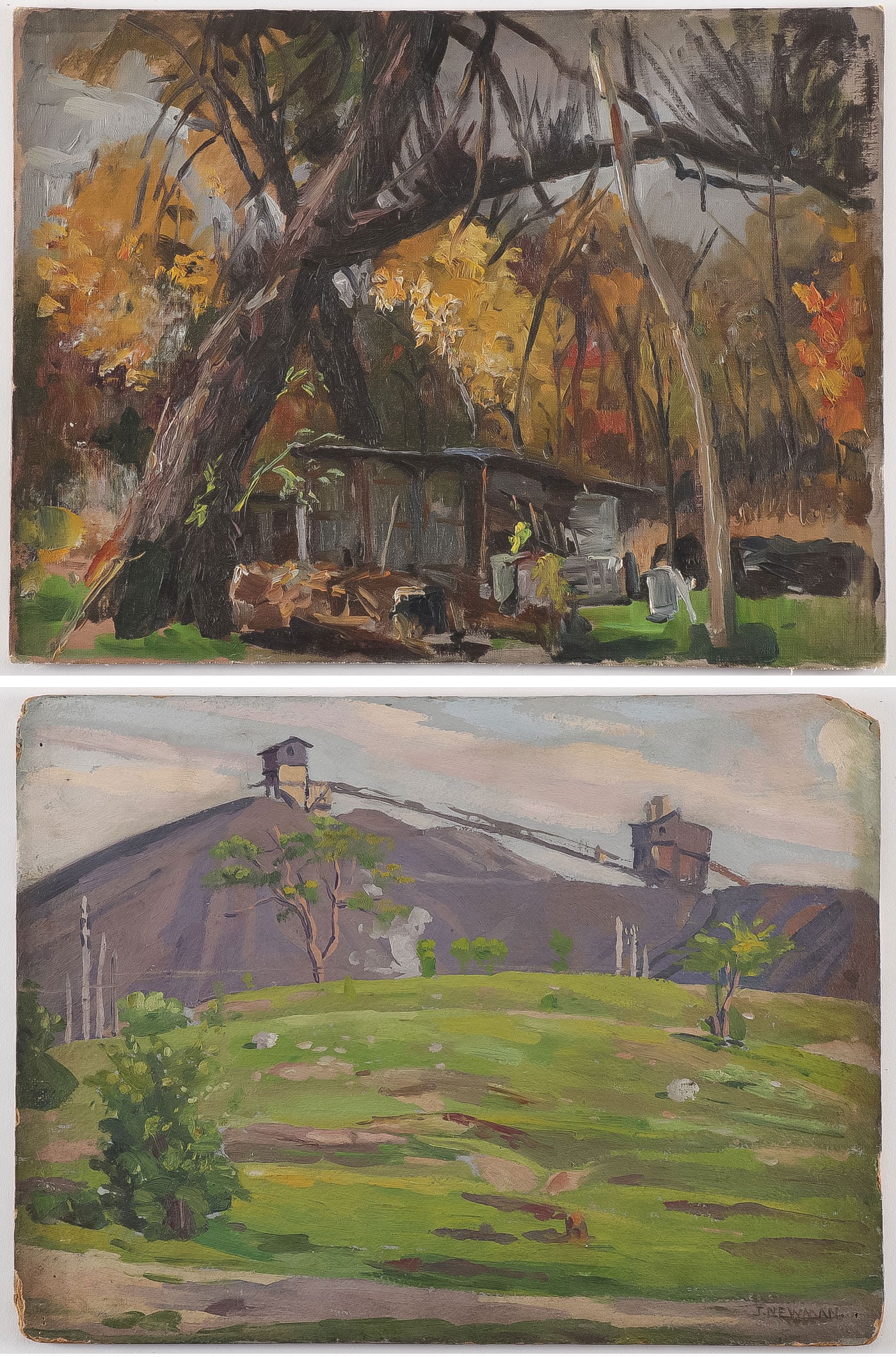 SIGNED AMERICAN PAINTINGS, CIRCA 1910: JOSEPH NEWMAN (American 1890-1979)Industrial Landscape and Forest Scene with Hut -a pair Oil on artist boardOne signed J. Newman lower right12 inches x 16 inches and 12 inches x 15.75 inches, unframed