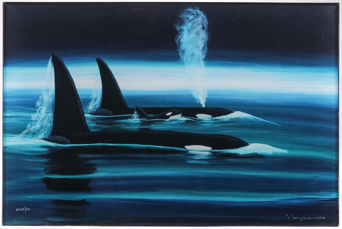 ROBERT WYLAND LITHOGRAPH OPTIGRAPH' ORCAS: ROBERT WYLAND (American, b. 1956)Orca Ohana Digital print mounted to transparent acrylic panelArtist signed lower right and editioned XLIII/CC lower left16 inches x 24 inchesSHIPP