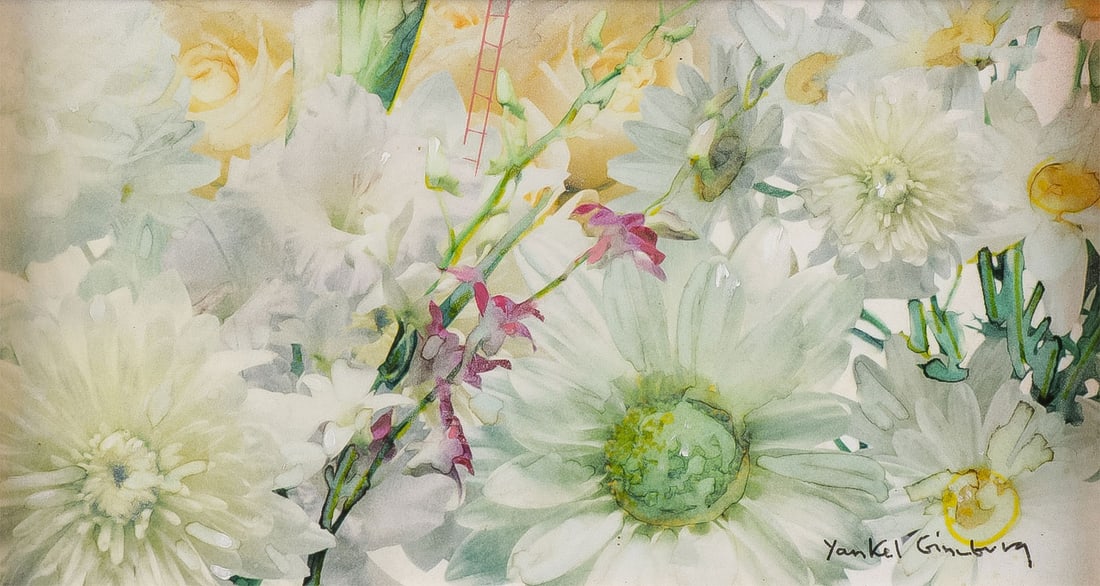 ORIGINAL YANKEL GINZBURG PAINTING: YANKEL GINZBURG (Russian b.1945) Study for Summer Fields Acrylic and pastel on woodSigned lower right7 inches x 12 inches (17.78 x 30.48cm), overall including frame 19.5 inches x 25 inches (49.53 x