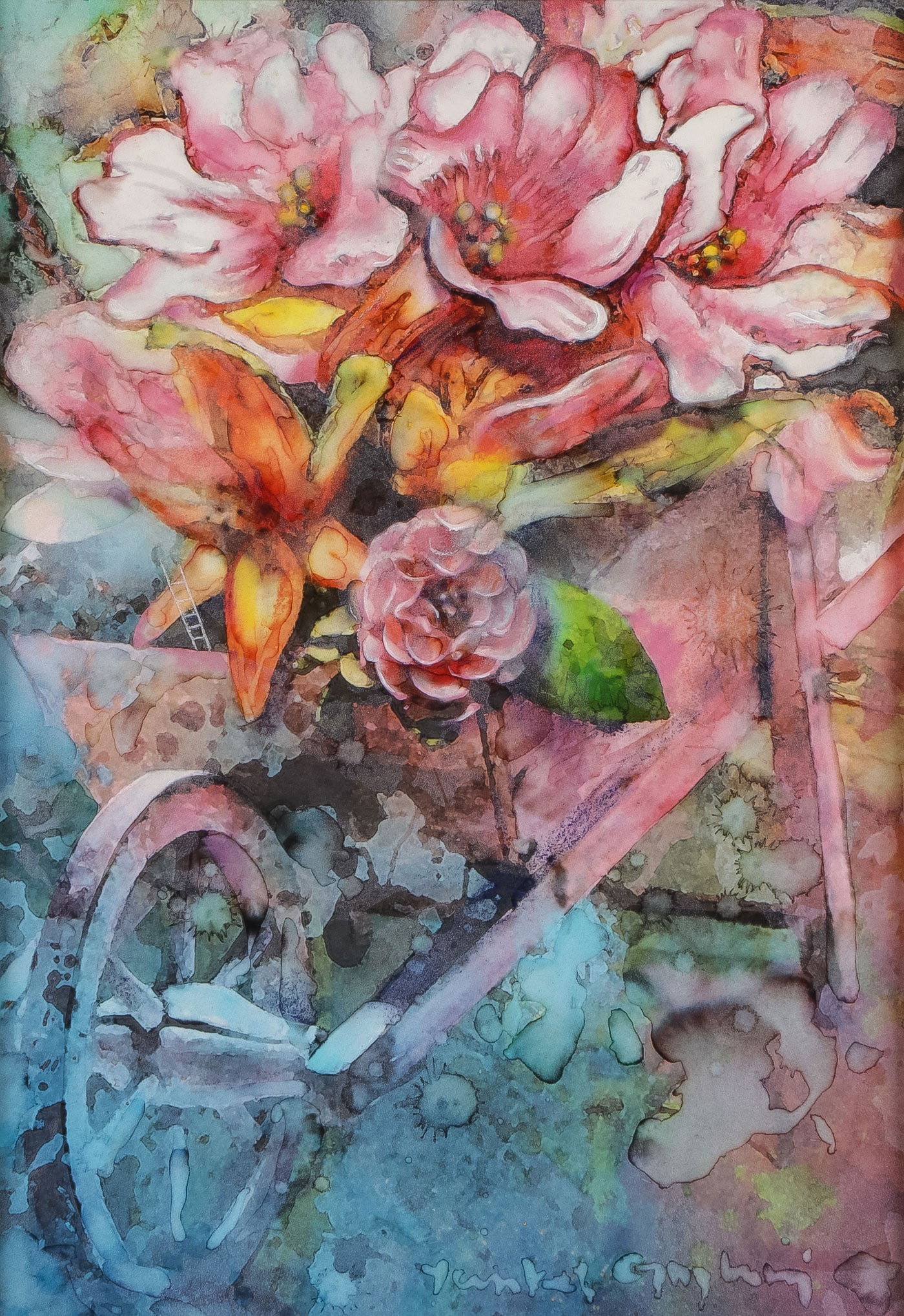 ORIGINAL YANKEL GINZBURG PAINTING: YANKEL GINZBURG (Russian b.1945) Garden Dreams Sealed watercolor Signed lower right 20 inches x 14 inches (50.8 x 35.56cm), overall including frame 32.75 inches x 27 inches (83.19 x 68.58cm)