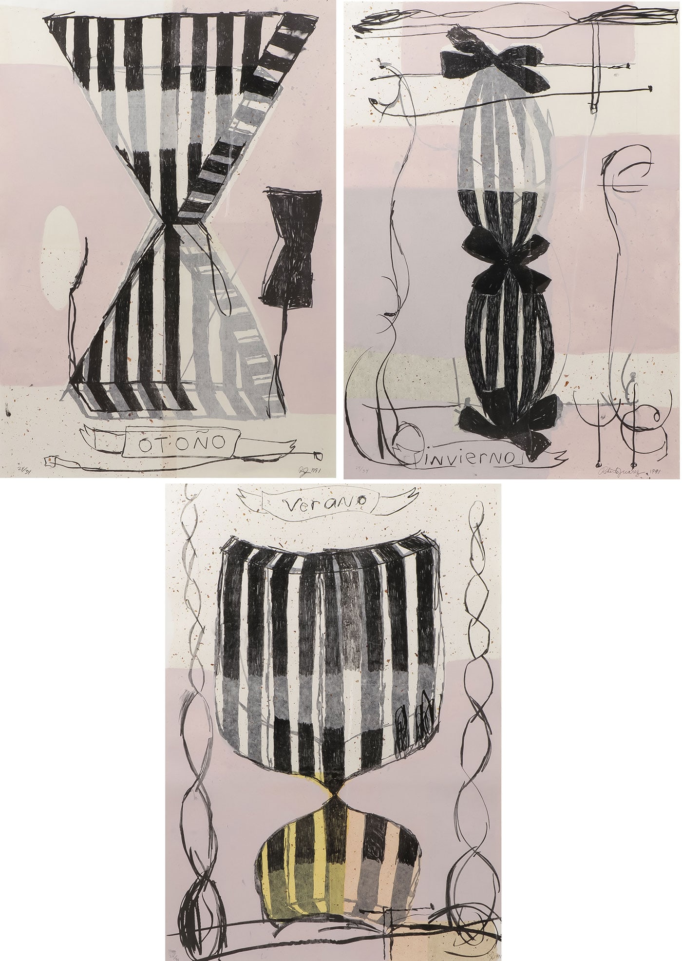 3 ORIGINAL SIGNED ROBERTO JUAREZ LITHOS: ROBERTO JUAREZ (American b. 1952-)Verano, Otono and Invierno - 1991 - a group of threeColor lithographsTwo initialed RJ, dated, and editioned 24/34 in pencil lower margin and the other pencil signed