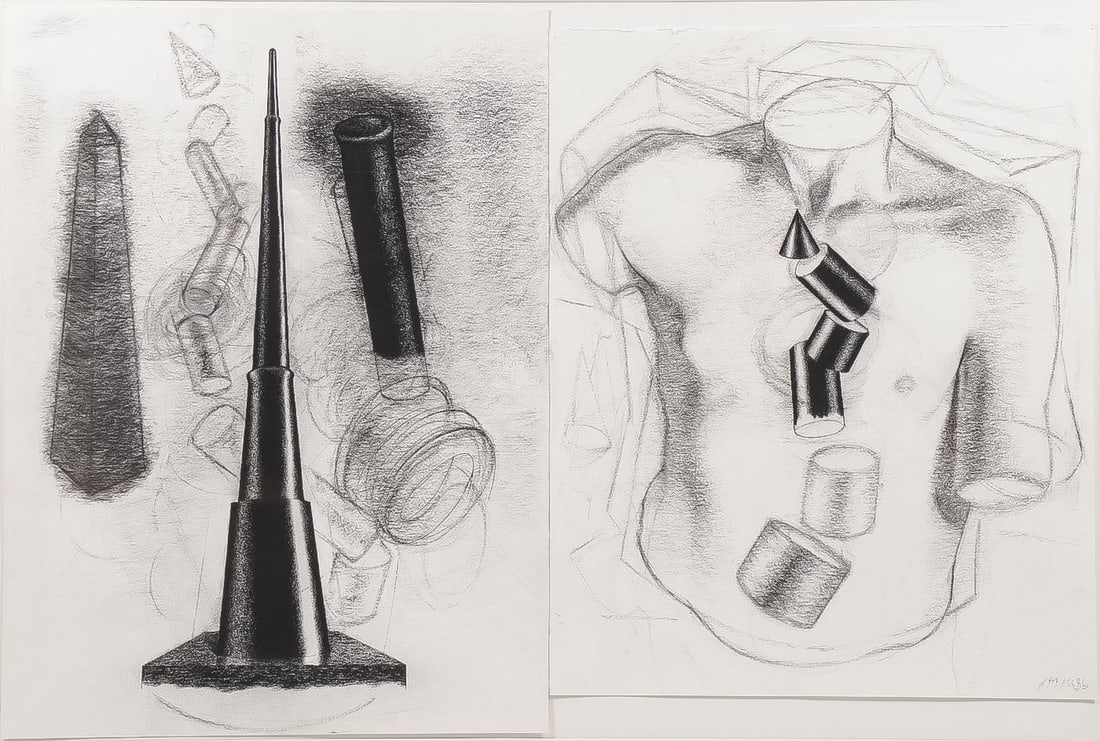 PR OF JOHN MANDEL CHARCOALS: JOHN MANDEL (American b.1941-)Monument with Obelisk & Torso with Geometric Shapes - a pair Both charcoal on paperInitialed and dated lower right 86The first sheet measuring 34.25 inches x 25.25 inch