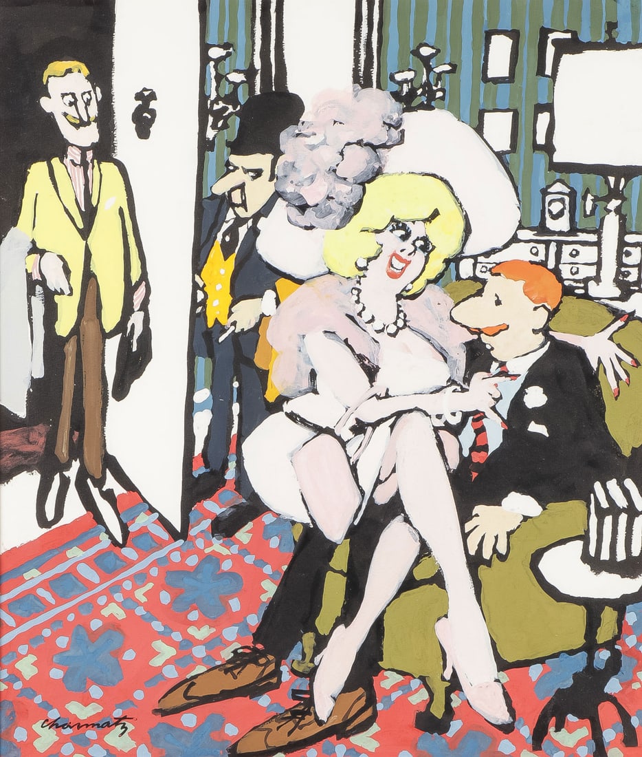 ORIGINAL BILL CHARMATZ PLAYBOY ARTWORK: BILL CHARMATZ (American 1925-2005) Jeeves & The Greasy Bird -1965-1966 Gouache on board Signed lower left, verso with property of Playboy Enterprises label 16.70 inches x 14.50 inches, overall includi