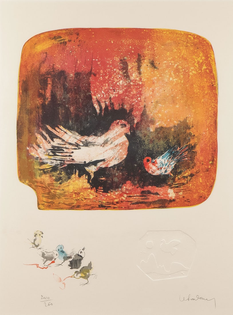 VIETNAMESE HOI LEBEDANG SIGNED ARTWORK: HOI LEBEDANG (Vietnamese/French 1921-2015) Birds Color lithograph with embossing Pencil signed lower right and editioned 240/260 lower left Sight 26.5 inches x 19.5 inches. Overall including bamboo st