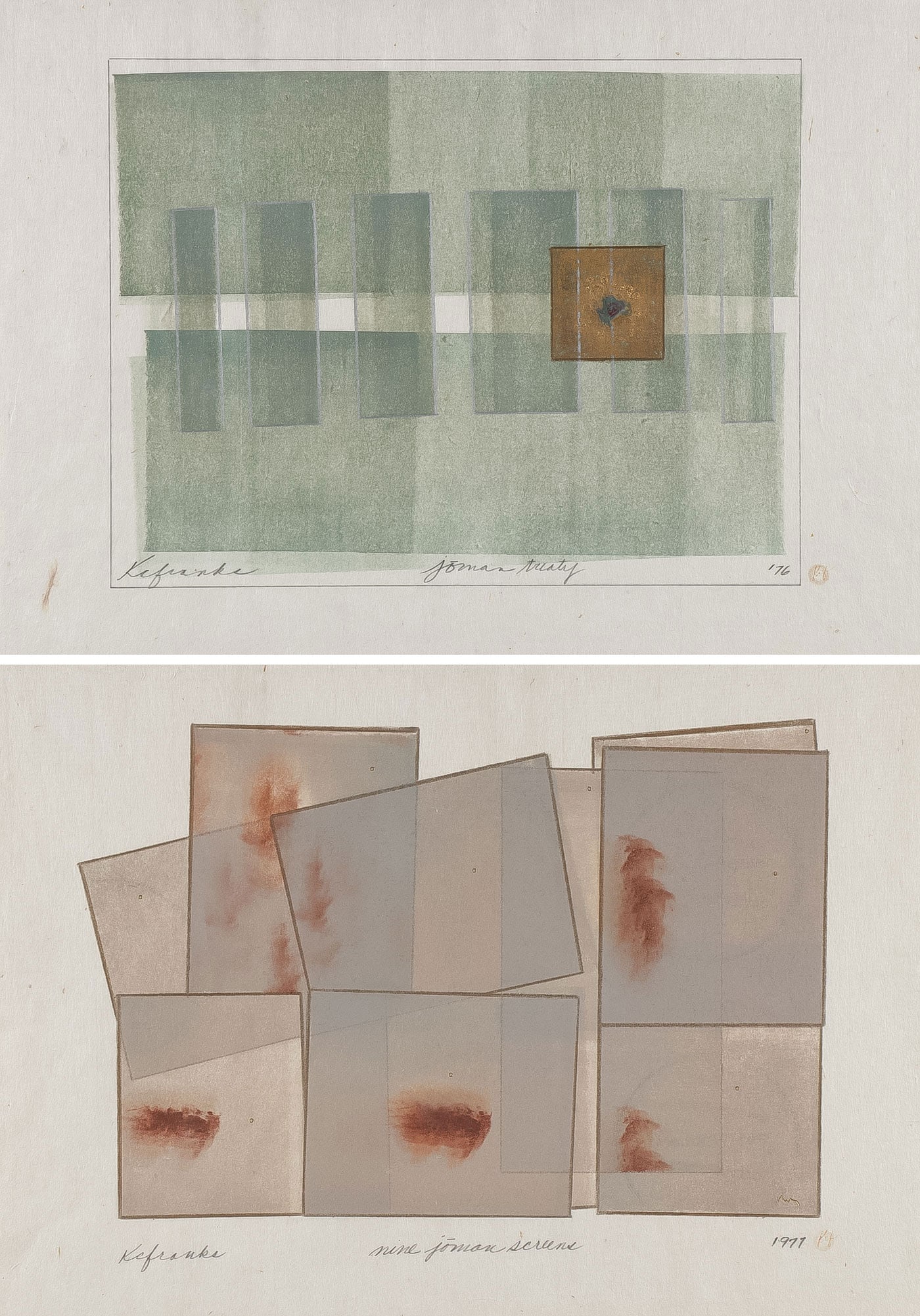 PR ARTIST SIGNED WOODBLOCKS, C. 1976: KENNETH CLARK (K.C.) FRANKS (American 1924-1985)JoMan Treaty & Nine JoMan Screens 1976 & 1979 - a pairBoth woodblock printsBoth pencil signed, titled, and dated lower margin, with Charles H. MacNide