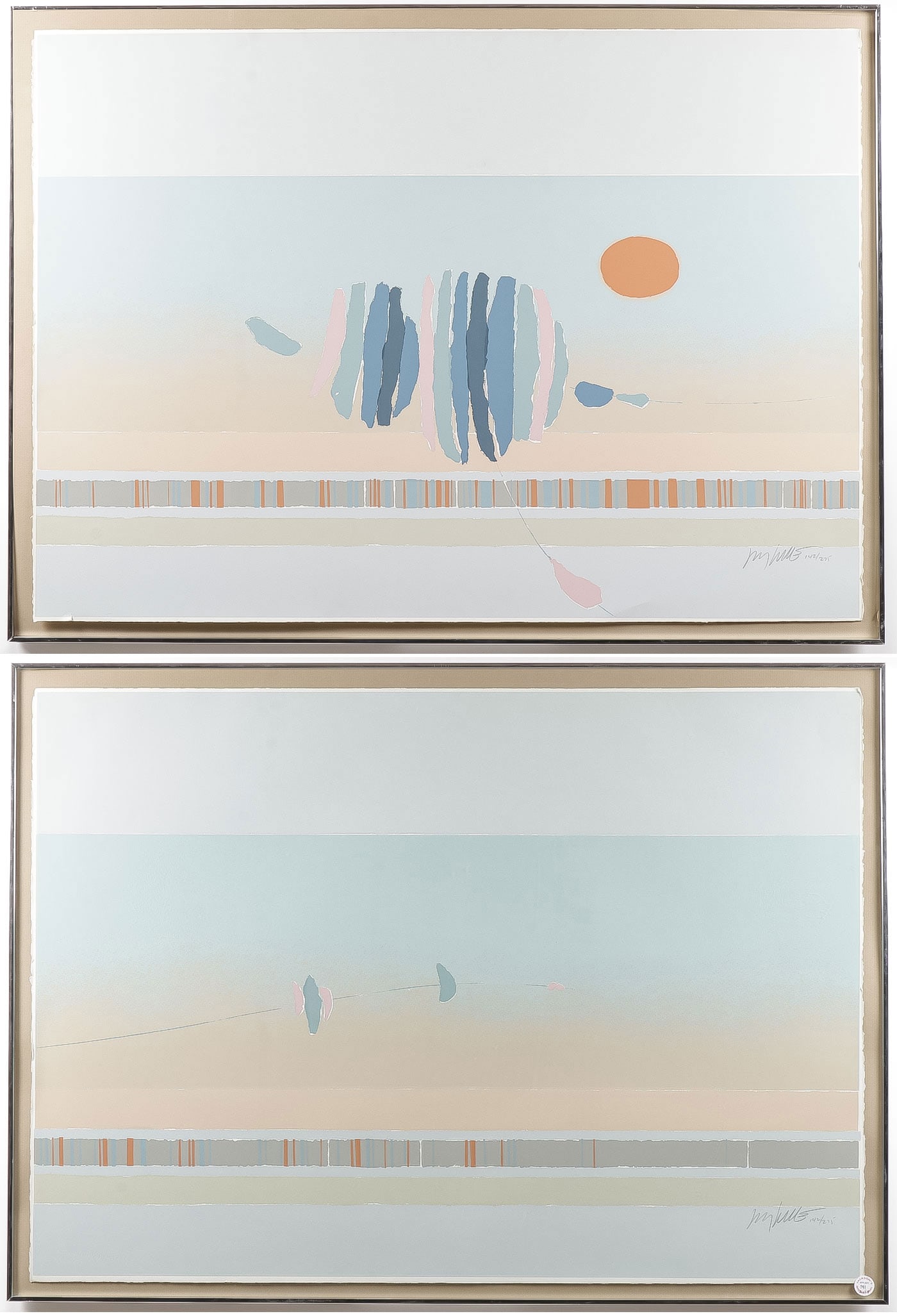 PR MAX HAYESLETTE SIGNED ARTWORKS: PR MAX HAYESLETTE SIGNED ARTWORKS. Comprising a pair of Max Hayeslette (American b. 1930 -) serigraphs,Kites IandKites II,both signed and editioned 142/275 lower right and both contained in frames ove
