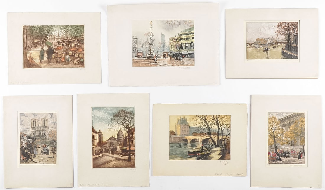 GROUP OF 7 FRENCH COLOR ETCHINGS, C. 1920's: GROUP OF 7 FRENCH COLOR ETCHINGS, C. 1920's. Comprising a group of seven color aquatint etchings by various artists, including Louis Edouard Marty (French b. 1871), Eugene Veder (French 1879-1936), Le