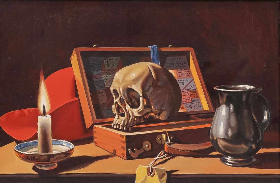 MEMENTO MORI STILL LIFE PAINTING: JACK J. HARTERT (American 1922 -1975) Memento Mori Still Life Oil on board Verso with exhibition label assigned to Hartert 16 inches x 24 inches, overall including frame 22 inches x 30 inches