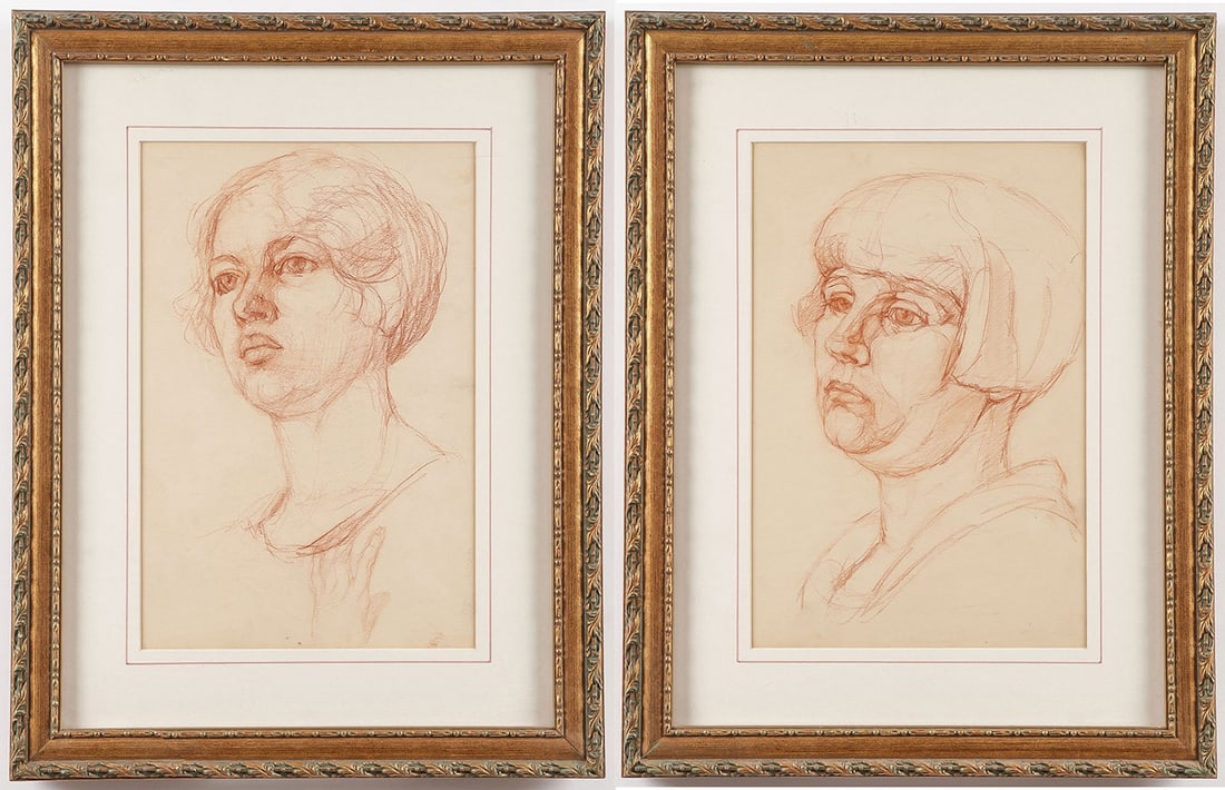 ALMA HELD ORIGINAL PORTRAIT DRAWINGS, C. 1925: ALMA HELD ORIGINAL PORTRAIT DRAWINGS, C. 1925. Comprising a pair of conte crayon bust portraits of woman by American artist Alma Held (1898-1988), contained in matching gilt frames, overall size inclu