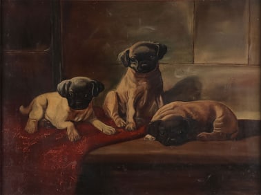 GREAT VINTAGE DOG PAINTING OF PUG PUPS