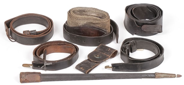 MIXED LEATHER FIELD GEAR GROUPING 19TH C