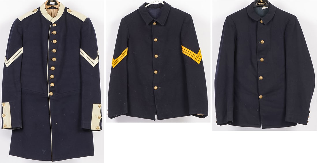 THREE INDIAN WARS UNIFORMS: THREE INDIAN WARS UNIFORMS. Comprising a Model 1885 Enlisted Infantry Full Dress Coat with white piping, collars, epaulettes, and cuffs, with light blue wool pants with white stripes. Together with tw