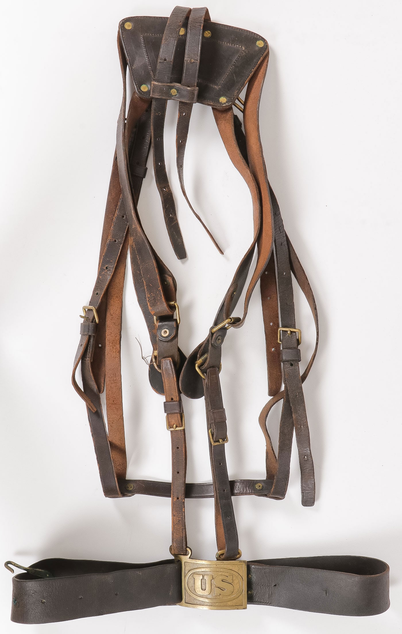 SCARCE U.S. M1874 PALMER BELT & BRACE SYSTEM: SCARCE U.S. M1874 PALMER BELT & BRACE SYSTEM. Comprising what appears to be a complete Palmer belt and brace system. The centering back strap marked Watervliet Arsenal. The U.S. M1874 Palmer belt and 