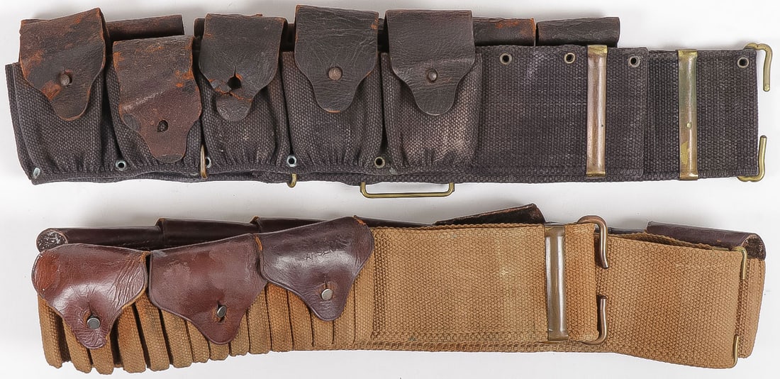 M1902 MILLS EXPERIMENTAL R.I.A. CARTRIDGE BELT: M1902 MILLS EXPERIMENTAL R.I.A. CARTRIDGE BELT & ANOTHER. Comprising a scarce Mills M1902 cartridge belt for .30 cal. The khaki canvas belt with 50 cartridge loops and 10 leather flap covers (one loos