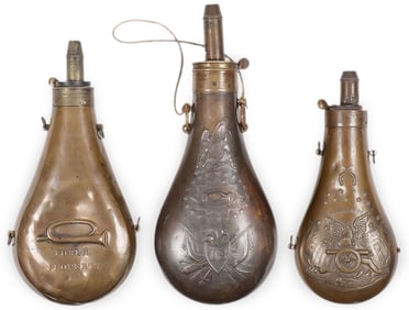 THREE GOOD U.S. COPPER POWDER FLASKS, 19TH C