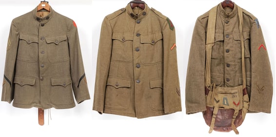 3 U.S. WWI UNIFORM BLOUSES AND HELMET