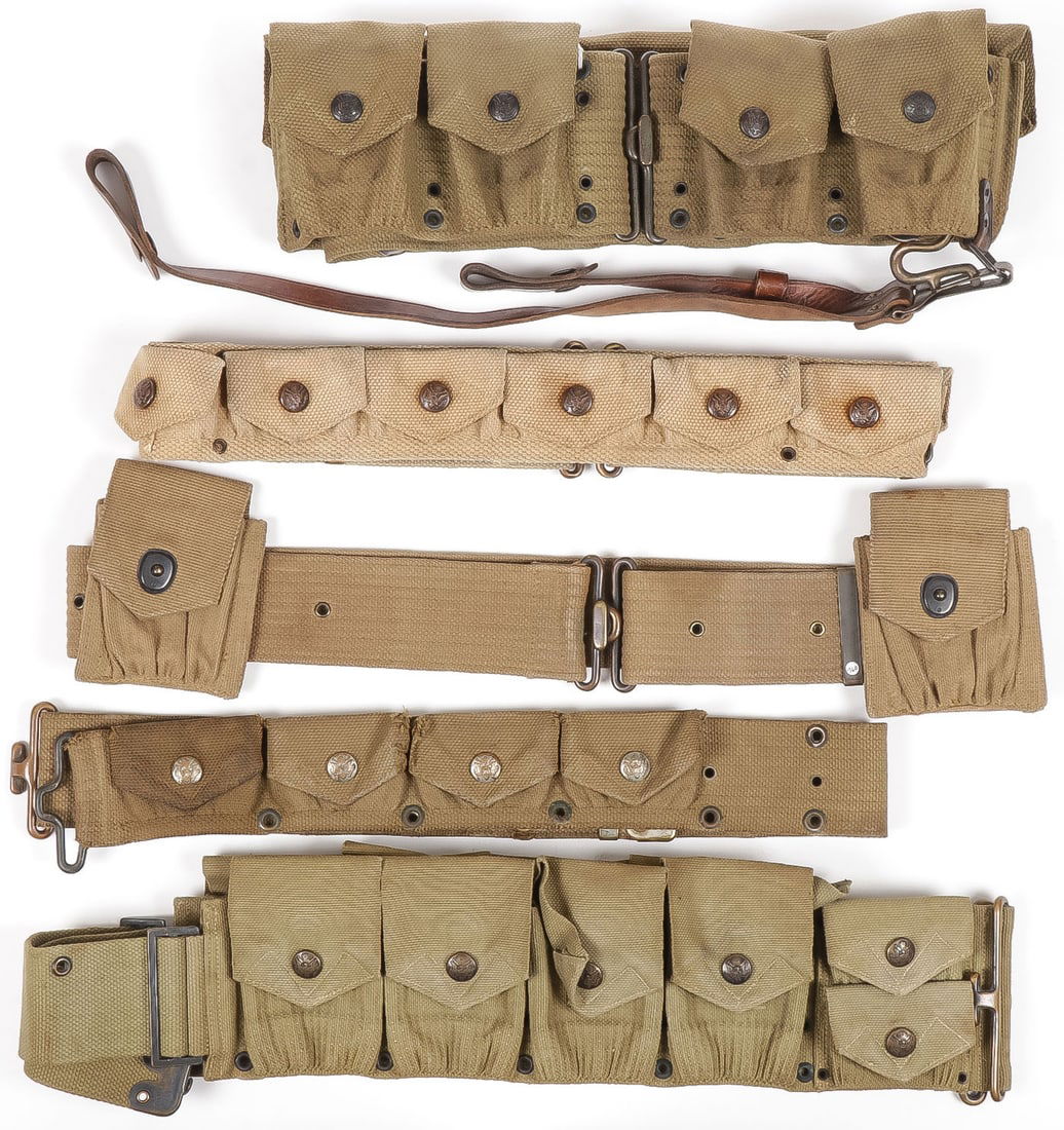 4 GOOD PRE- WWI CARTRIDGE BELTS: 4 GOOD PRE- WWI CARTRIDGE BELTS. Comprising a M1903 Dismounted 8 Pocket .38 Caliber Revolver Belt. Rimless eagle snaps, patent dates on hook plates. Together with a nice green M1910 .38 Caliber Revolv