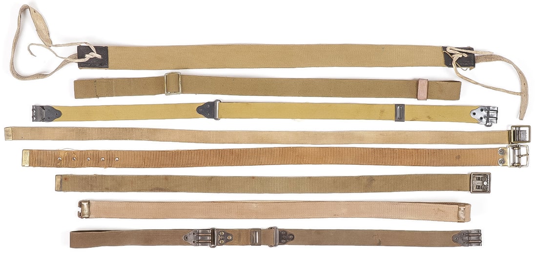 8 BELTS AND SLINGS, 19TH & EARLY 20TH C: 8 BELTS AND SLINGS, 19TH & EARLY 20TH C. Comprising a 60 inch cotton web sling with last patent date of 1894, a British Lee Enfield .303 web sling in mint condition, a Presto Mills web cartridge belt