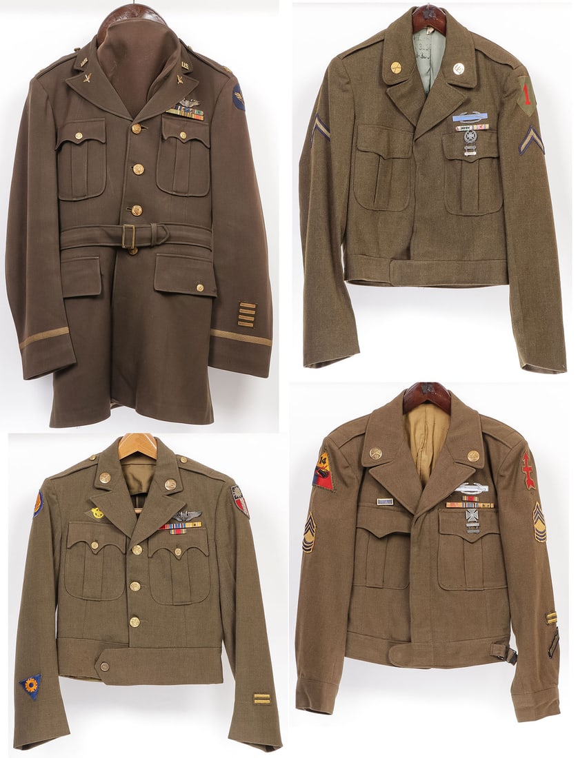 4 U.S. WWII UNIFORM JACKETS INCLUDING 8TH AF: 4 U.S. WWII UNIFORM JACKETS INCLUDING 8TH AF. Comprising four individual blouses including an 8th AF Officers blouse, crush cap and pants. With nice bullion and felt 8th AF patch, bullion embroidered 