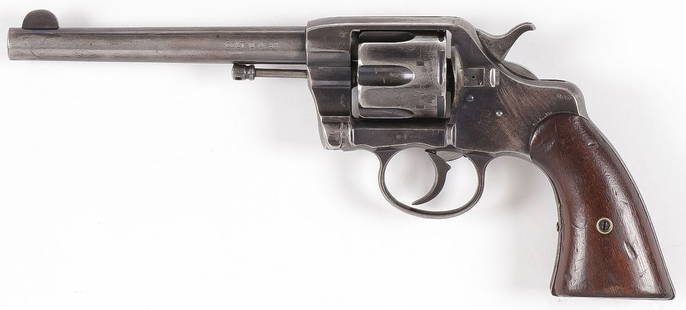 U.S. ARMY COLT MODEL 1894 DOUBLE ACTION REVOLVER: U.S. ARMY COLT MODEL 1894 DOUBLE ACTION REVOLVER. 6-inch round barrel in .38 cal., standard two-line address/patent date (1884-1895) marking, "COLT. D.A. 38" on the left side. The rear face of the cyl