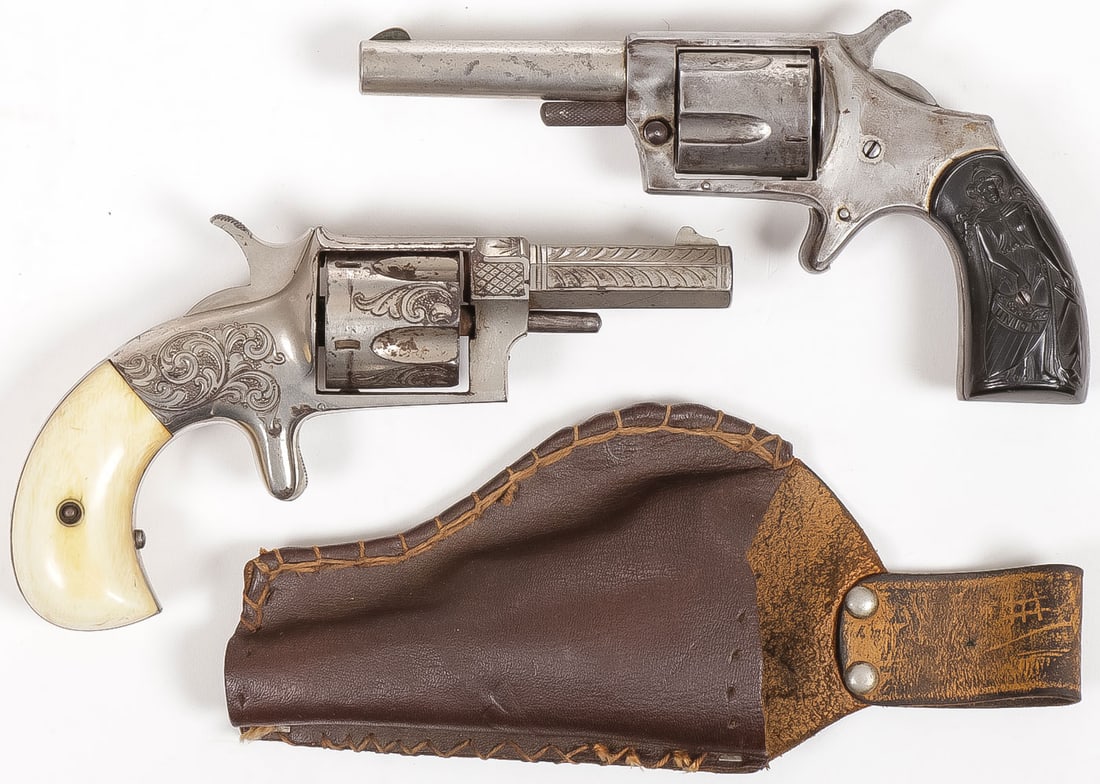 PAIR OF VINTAGE AMERICAN REVOLVERS C. 1870: PAIR OF VINTAGE AMERICAN REVOLVERS C. 1870. Comprising a Hopkins & Allen XL No. 4 revolver, .38 cal., factory engraved with nickel finish, spur trigger, 2.5 inch octagonal barrel, fluted five round cy